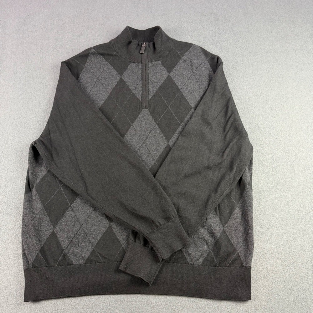 Cremieux Classics Mens XL Black Grey Argyle Silk Blend Quarter Zip Sweater